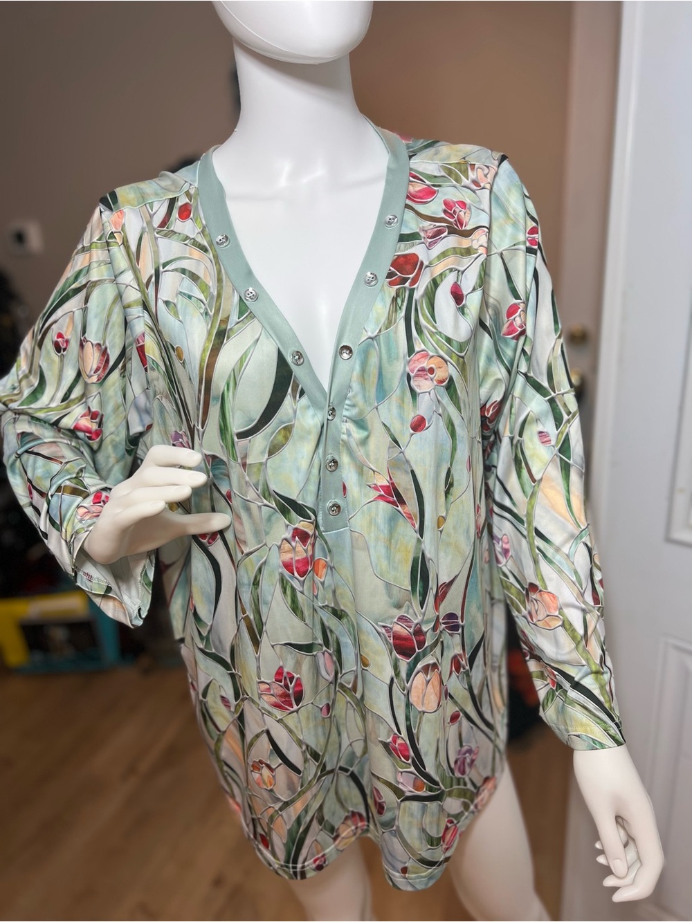 Floral V-Neck Button Front Women's Top in Sage Green